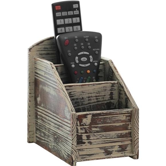 Rustic Torched Wood Remote Control Holder for Table with 3 Compartments - Picture 1 of 5